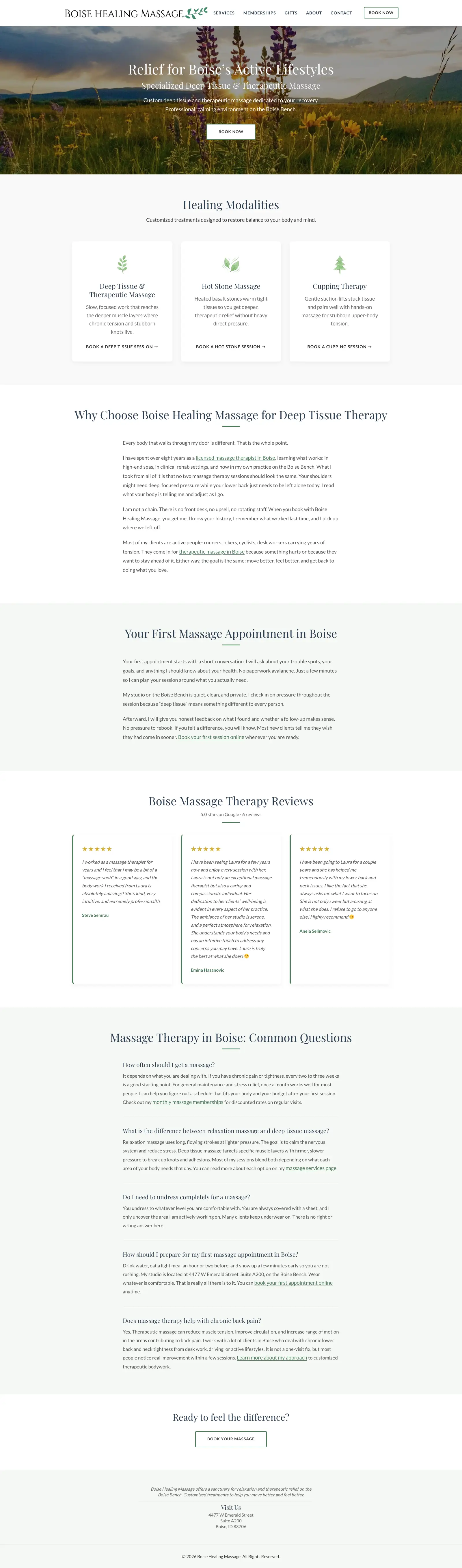Boise Healing Massage homepage on desktop after the rebuild: hero with wildflower photograph, primary CTA, services grid, testimonials, footer.