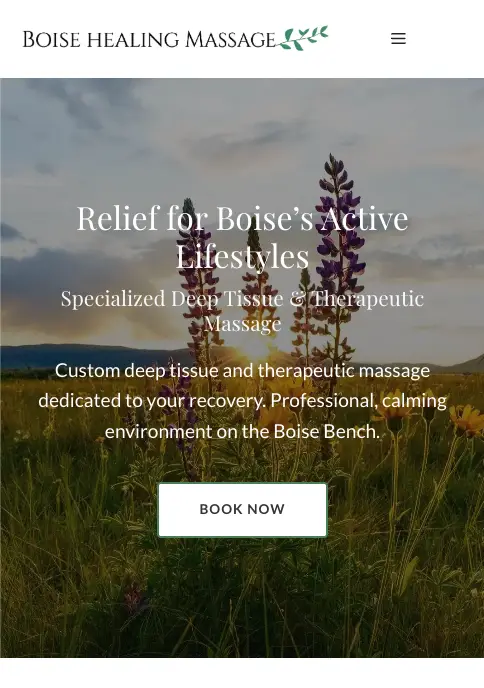 Boise Healing Massage homepage on mobile after the rebuild: stacked hero, CTA, service cards.