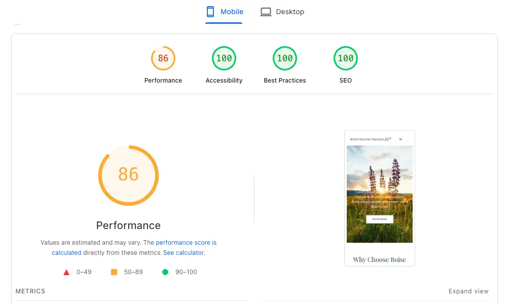 PageSpeed Insights mobile result for Boise Healing Massage: Performance 86, Accessibility 100, Best Practices 100, SEO 100.