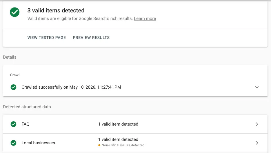 Google Rich Results Test passing for FAQPage, Service, Person, AboutPage, and BreadcrumbList on boisehealingmassage.com.