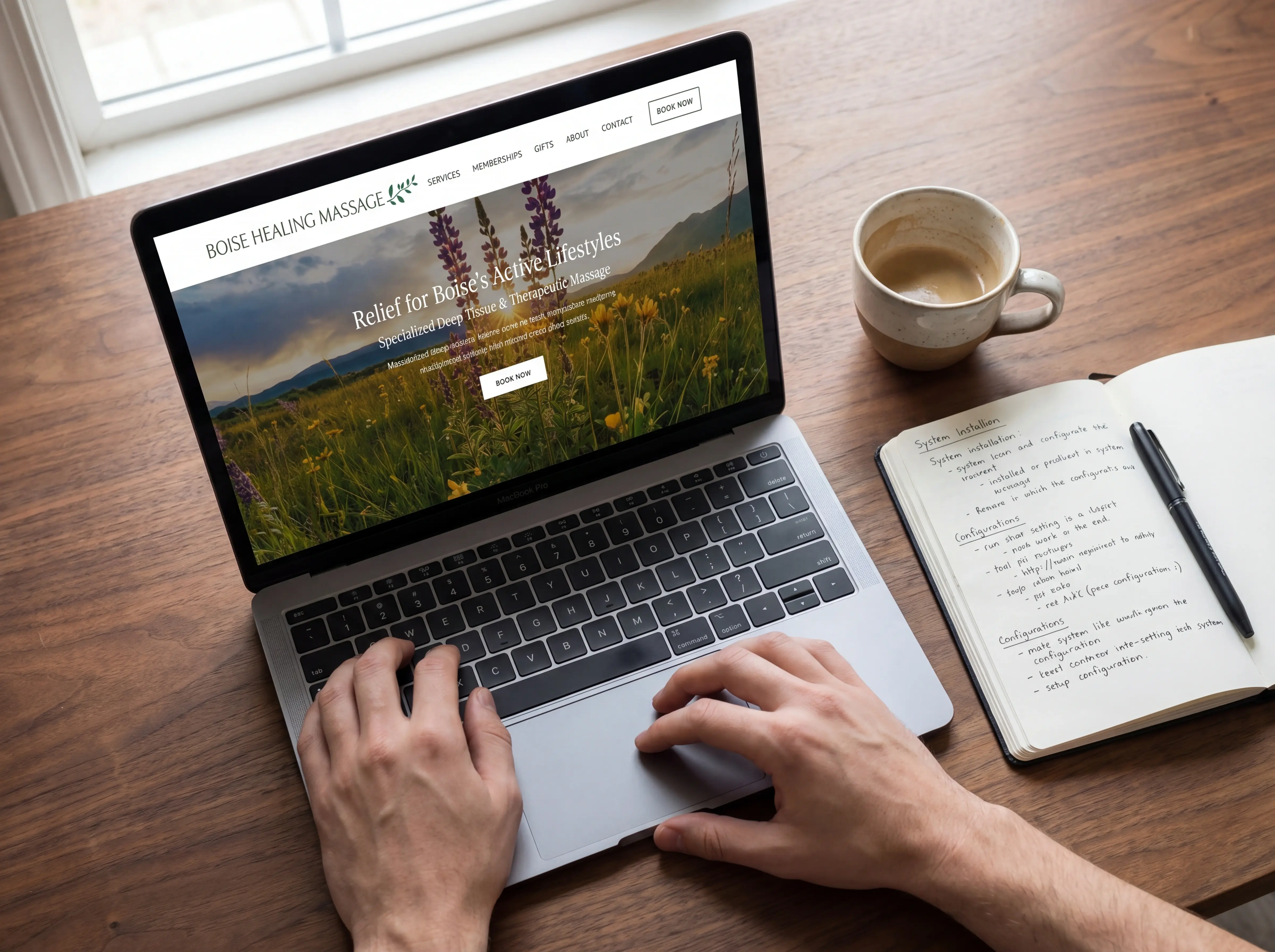 Hands at work on a laptop with the new BHM site rendered. Notebook beside, daylight from a north-facing window.