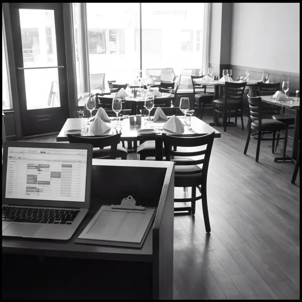 Modern family restaurant before service: set tables, daylight through tall windows, host stand with a laptop. Black and white.