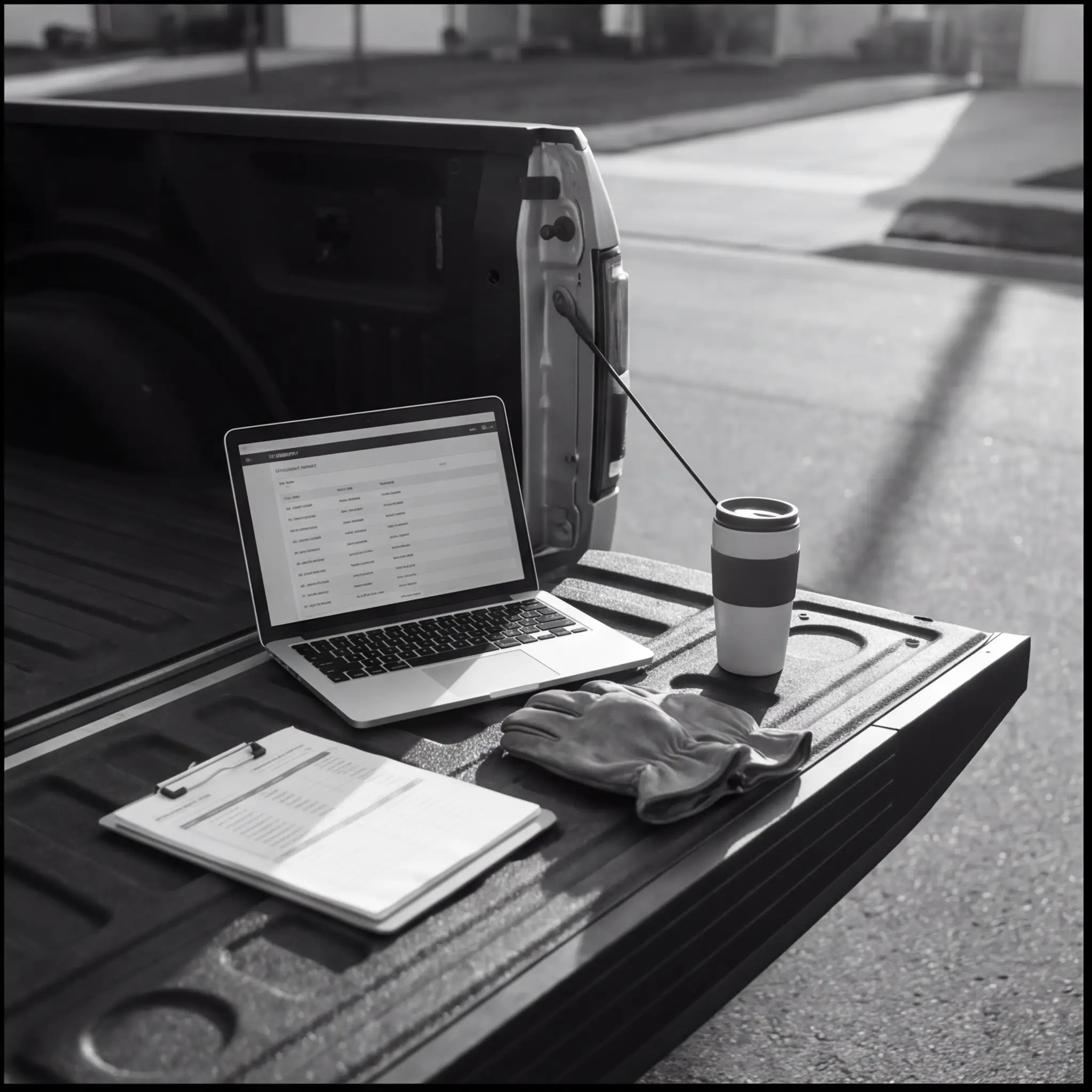 Service-business owner truck bed: laptop on the tailgate showing a CRM, clipboard, work gloves folded. Vintage black and white.