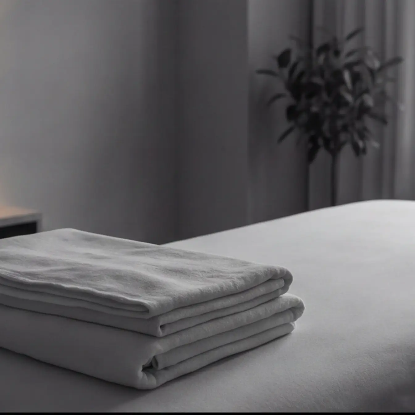 Quiet wellness studio with folded linens, single lamp, and a plant by the window. Black and white.
