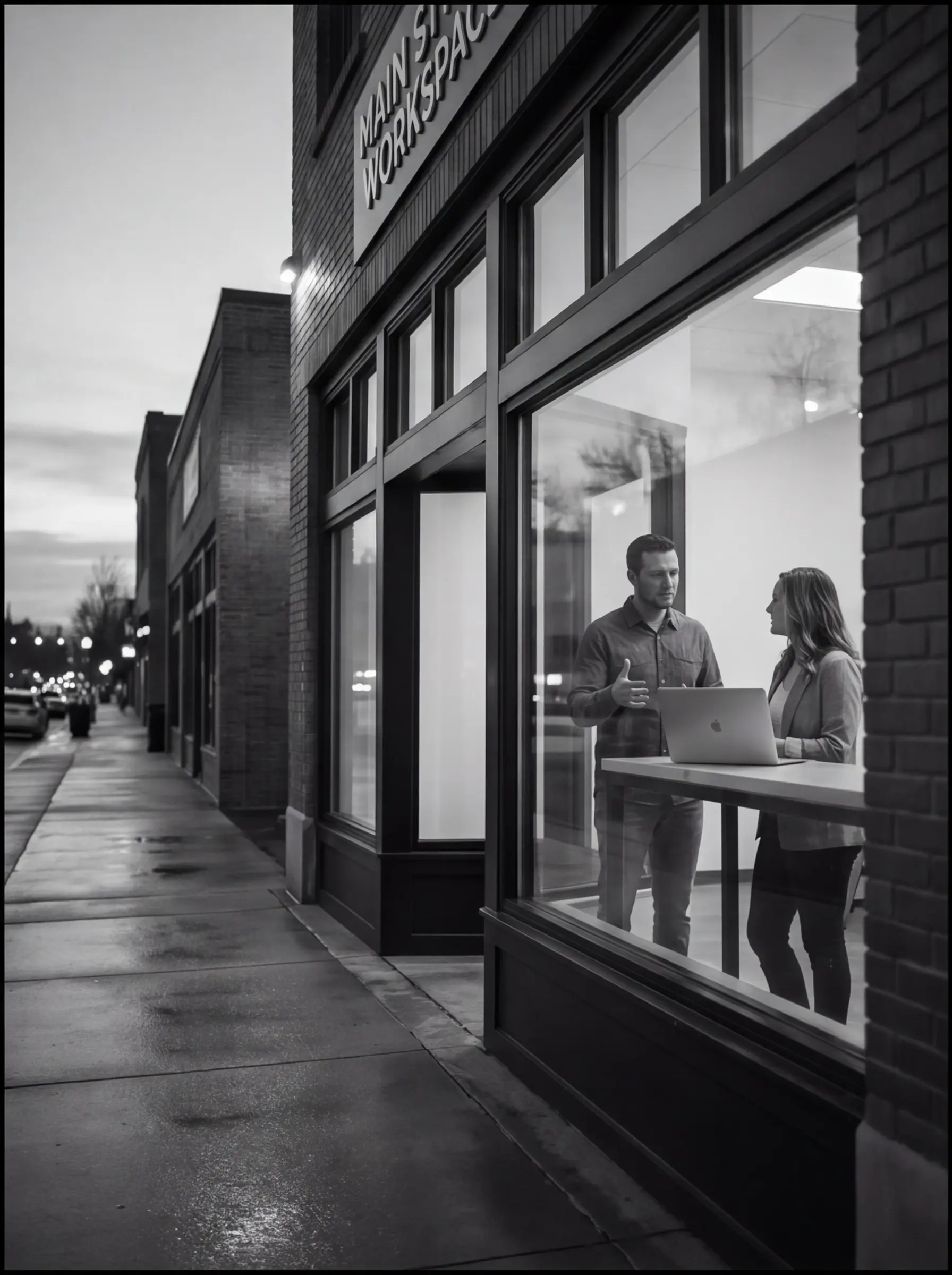 Boise storefront at dusk: warm light through the window, two people in conversation around a laptop. Black and white.